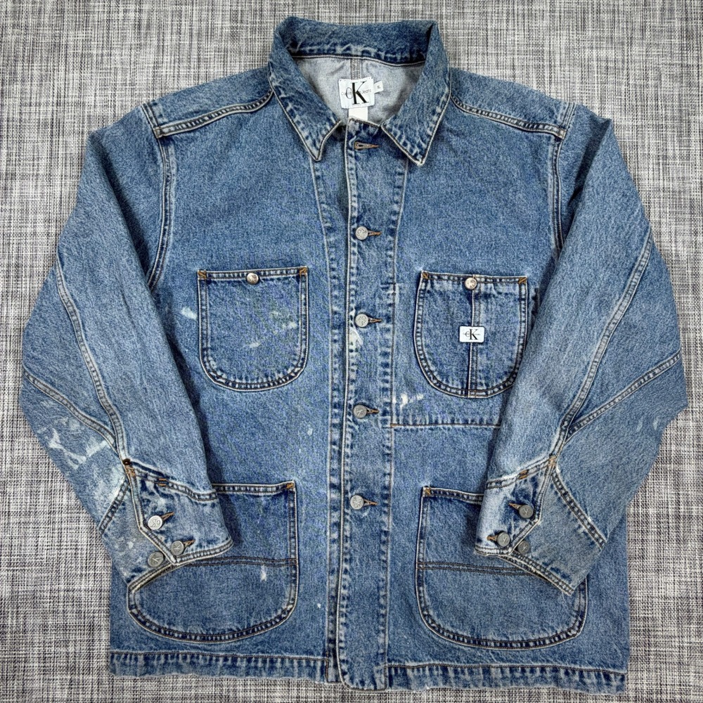 Calvin Klein Mens Denim Chore Coat XL Vintage Blue Cotton Barn Jacket Workwear
